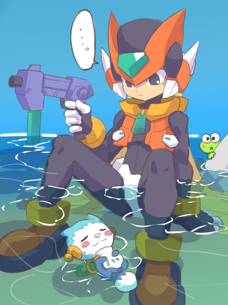 ... 1boy android arm_support black_eyes blonde_hair blue_background cyber_elves gun helmet holding holding_weapon long_hair omeehayo rockman rockman_zero sitting sitting_on_water speech_bubble water weapon zero_(rockman)