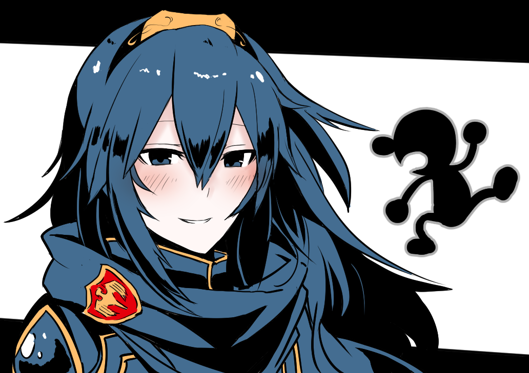 1girl blue_eyes blue_hair blush cape fire_emblem fire_emblem:_kakusei fire_emblem_heroes game_&amp;_watch intelligent_systems itosiki_zetu long_hair looking_at_viewer lucina mr._game_&amp;_watch nintendo open_mouth simple_background smile solo sora_(company) super_smash_bros. super_smash_bros._ultimate super_smash_bros_for_wii_u_and_3ds tiara