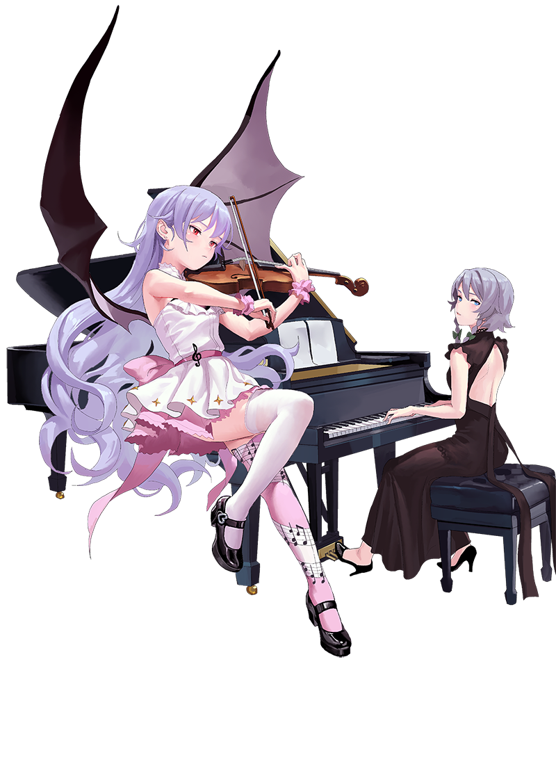 2girls alternate_costume alternate_hair_length alternate_hairstyle back_cutout backless_dress backless_outfit bangs bare_arms bare_shoulders bat_wings black_dress black_footwear blue_eyes blue_hair blush bow braid chair dress fkey full_body green_bow high_heels holding holding_instrument instrument izayoi_sakuya long_hair looking_at_viewer looking_back mary_janes mismatched_legwear multiple_girls musical_note musical_note_print no_hat no_headwear paper parted_lips petticoat piano pink_legwear pink_sash red_eyes remilia_scarlet sash shoes short_dress silver_hair sitting sleeveless sleeveless_dress thigh-highs touhou transparent_background treble_clef twin_braids very_long_hair violin violin_bow white_dress white_legwear wings wrist_cuffs