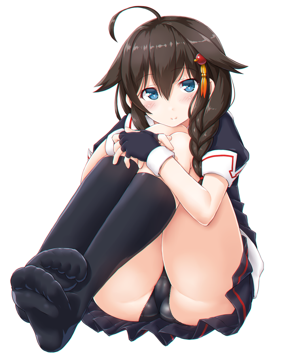 1girl ahoge black_hair black_legwear black_panties black_serafuku blue_eyes blush braid brown_hair dd_(ijigendd) feet fingerless_gloves gloves hair_flaps hair_ornament hair_over_shoulder hairclip highres kantai_collection looking_at_viewer neckerchief no_shoes panties pleated_skirt remodel_(kantai_collection) school_uniform serafuku shigure_(kantai_collection) single_braid skirt soles solo thigh-highs underwear