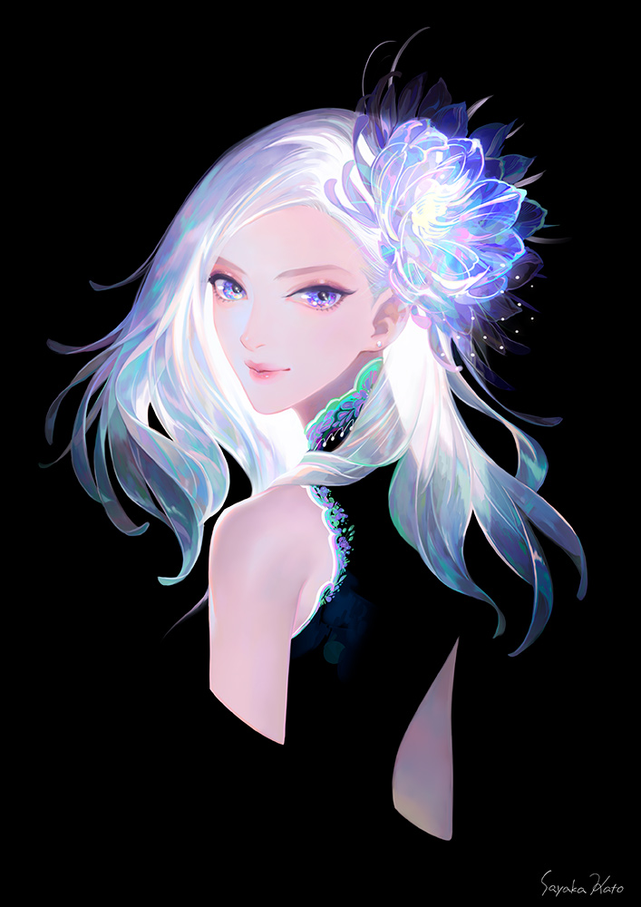 1girl artist_name black_background black_shirt blue_eyes blue_flower cropped_legs cropped_torso floating_hair flower hair_flower hair_ornament long_hair looking_at_viewer looking_back original parted_lips sayaka_katou shirt silver_hair simple_background sleeveless sleeveless_shirt solo upper_body