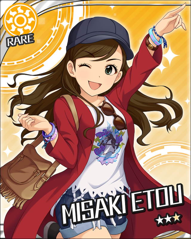 blush brown_eyes brown_hair cap character_name etou_misaki idolmaster idolmaster_cinderella_girls jacket long_hair smile stars wink