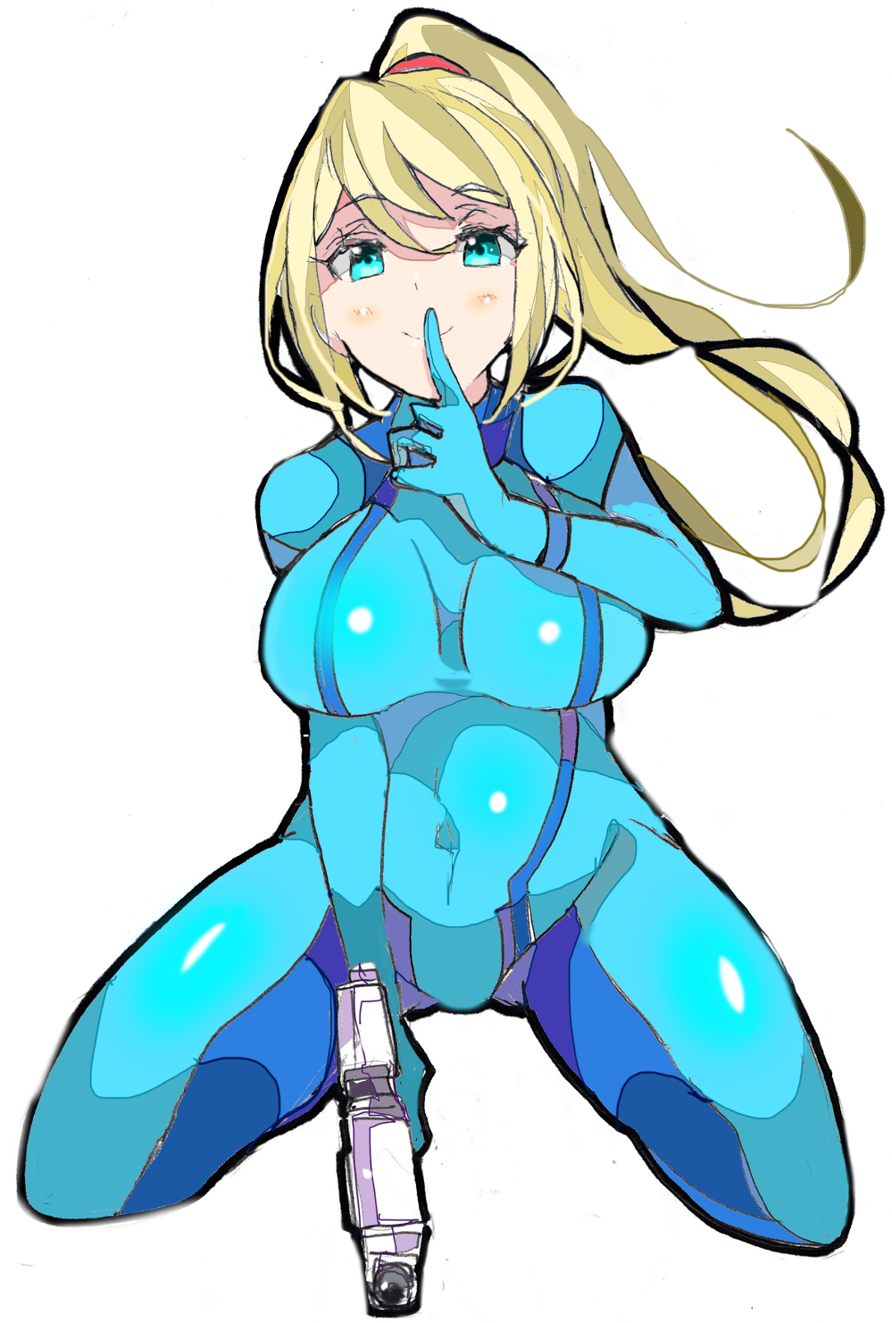 1girl blonde_hair blue_eyes blush bodysuit breasts enpe eyebrows_visible_through_hair finger_to_mouth gun highres impossible_bodysuit impossible_clothes large_breasts long_hair looking_at_viewer metroid mole nintendo ponytail samus_aran simple_background sitting skin_tight smile solo turtleneck weapon white_background zero_suit