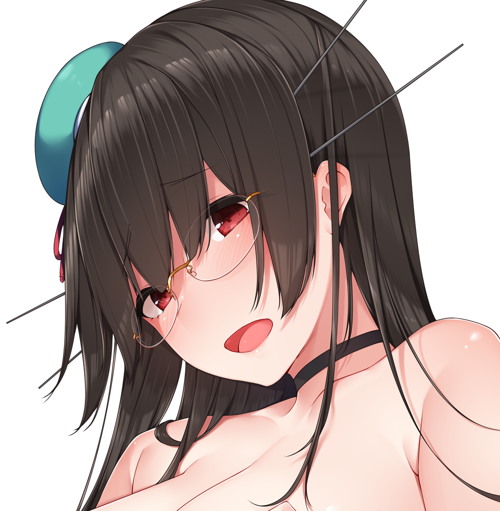 1girl bangs bare_shoulders black_choker black_hair black_neckwear blue_hat blunt_bangs choker choukai_(kantai_collection) collarbone eyebrows_visible_through_hair face glasses hat hat_ribbon headgear hime_cut kantai_collection long_hair looking_at_viewer open_mouth raised_eyebrows red_eyes ribbon rimless_eyewear round_eyewear simple_background smile solo straight_hair white_background yukichi_(sukiyaki39)