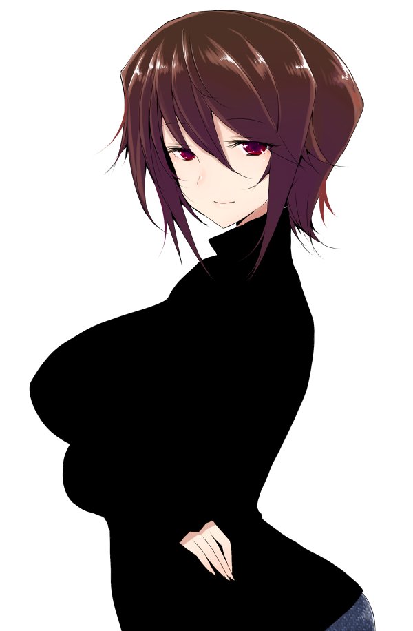 1girl bangs black_sweater breast_hold breasts brown_hair casual closed_mouth commentary_request crossed_arms from_side girls_und_panzer han_(jackpot) large_breasts light_smile long_sleeves looking_at_viewer nishizumi_maho red_eyes short_hair simple_background solo standing sweater upper_body white_background