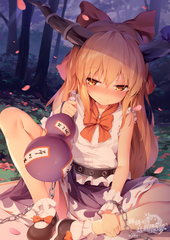 1girl bangs black_footwear blue_ribbon blue_skirt blush bow bowtie chains chen_bin chinese_commentary commentary_request forest gourd hair_bow horn_ribbon horns ibuki_suika knee_up long_hair looking_at_viewer miniskirt nature orange_eyes orange_hair outdoors red_bow red_neckwear ribbon ribbon-trimmed_skirt ribbon_trim shirt shoe_bow shoes sitting skirt sleeveless sleeveless_shirt smile socks solo touhou tree white_legwear white_shirt wrist_cuffs