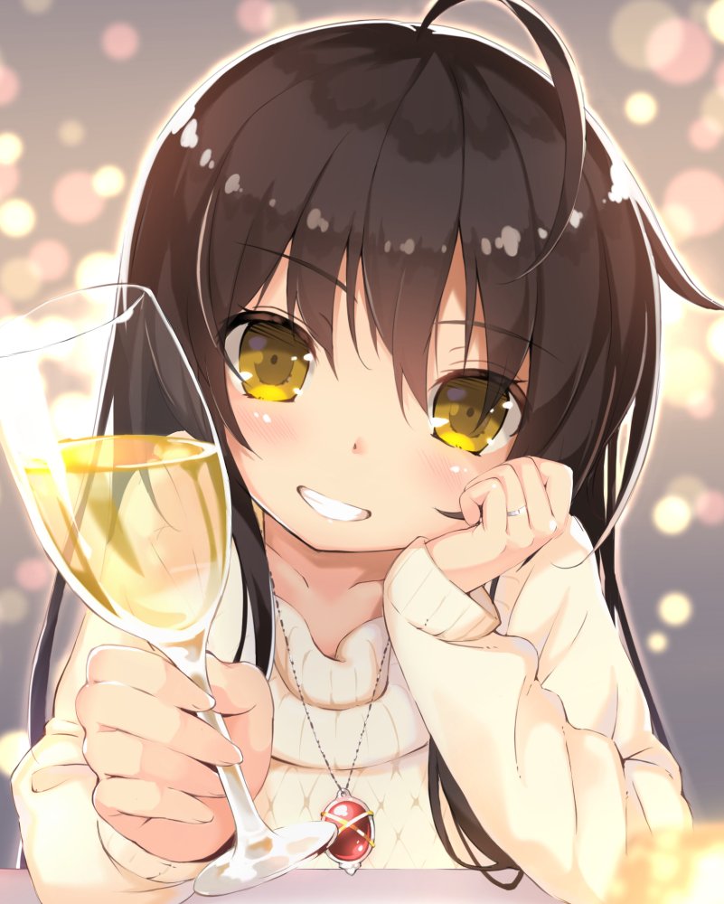 1girl alastor_(shakugan_no_shana) bangs black_hair blurry blush collarbone commentary_request cup depth_of_field drinking_glass eyebrows_visible_through_hair fingernails hand_up head_rest head_tilt holding holding_cup jewelry long_sleeves looking_at_viewer pendant ring roke shakugan_no_shana shana smile solo sweater teeth upper_body wedding_band yellow_eyes yellow_sweater