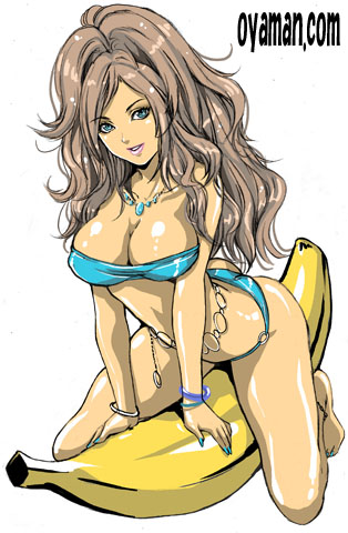 1girl banana blue_eyes breasts cleavage food fruit graphite_(medium) grey_hair gyaru jewelry kogal large_breasts long_hair lowres nail_polish necklace original oyaman simple_background smile solo swimsuit traditional_media white_background