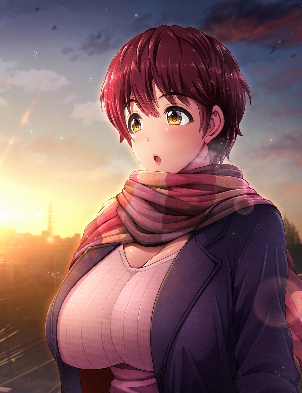 1girl :o breasts breath brown_eyes brown_hair cleavage commentary_request highres huge_breasts idolmaster idolmaster_cinderella_girls jacket oikawa_shizuku parted_lips raised_eyebrows ribbed_sweater scarf short_hair sky solo sunlight sunrise sweater umasan