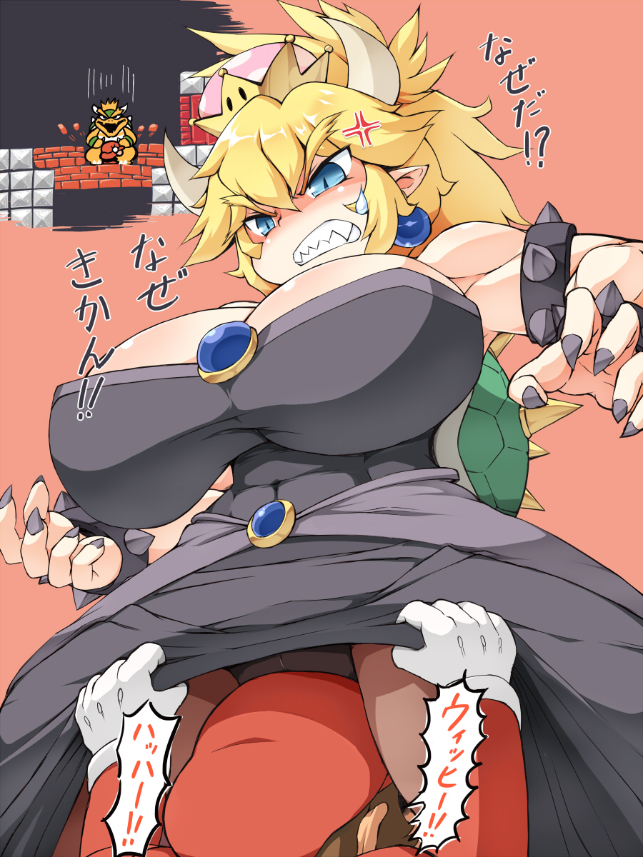 1boy 1girl anger_vein black_dress black_nails blonde_hair blue_earrings bondo bowser bowsette bracelet breasts cleavage clenched_teeth commentary_request crown dress earrings gloves hat highres horns huge_breasts jewelry looking_at_another looking_down mario super_mario_bros. nail_polish new_super_mario_bros._u_deluxe nintendo ponytail red_background red_hat sharp_teeth short_hair simple_background spiked_armlet spiked_bracelet spikes super_crown teeth thick_eyebrows translation_request white_gloves