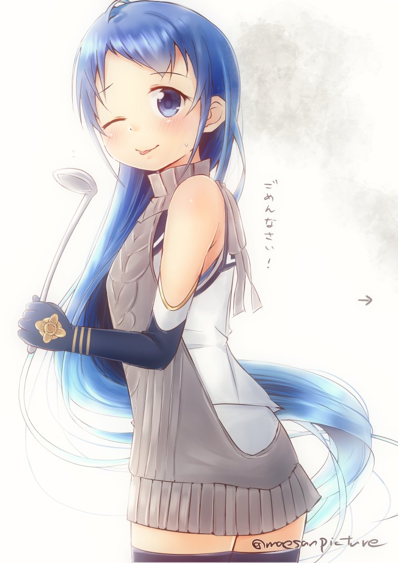 1girl artist_name bangs bare_shoulders blue_eyes blue_hair blue_legwear blush commentary_request elbow_gloves eyebrows_visible_through_hair gloves hair_between_eyes holding kantai_collection ladle long_hair looking_at_viewer looking_back mae_(maesanpicture) meme_attire one_eye_closed samidare_(kantai_collection) school_uniform serafuku shirt simple_background solo sweatdrop swept_bangs thigh-highs tongue tongue_out very_long_hair virgin_killer_sweater white_shirt zettai_ryouiki