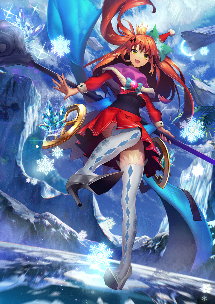 1girl :d blue_cape blue_sky bow cape crown crystal fang full_body green_eyes hat hat_bow high_heels holding holding_staff looking_at_viewer nayuta_(una) open_mouth orange_hair original outdoors red_hat sky smile snowflakes solo staff standing