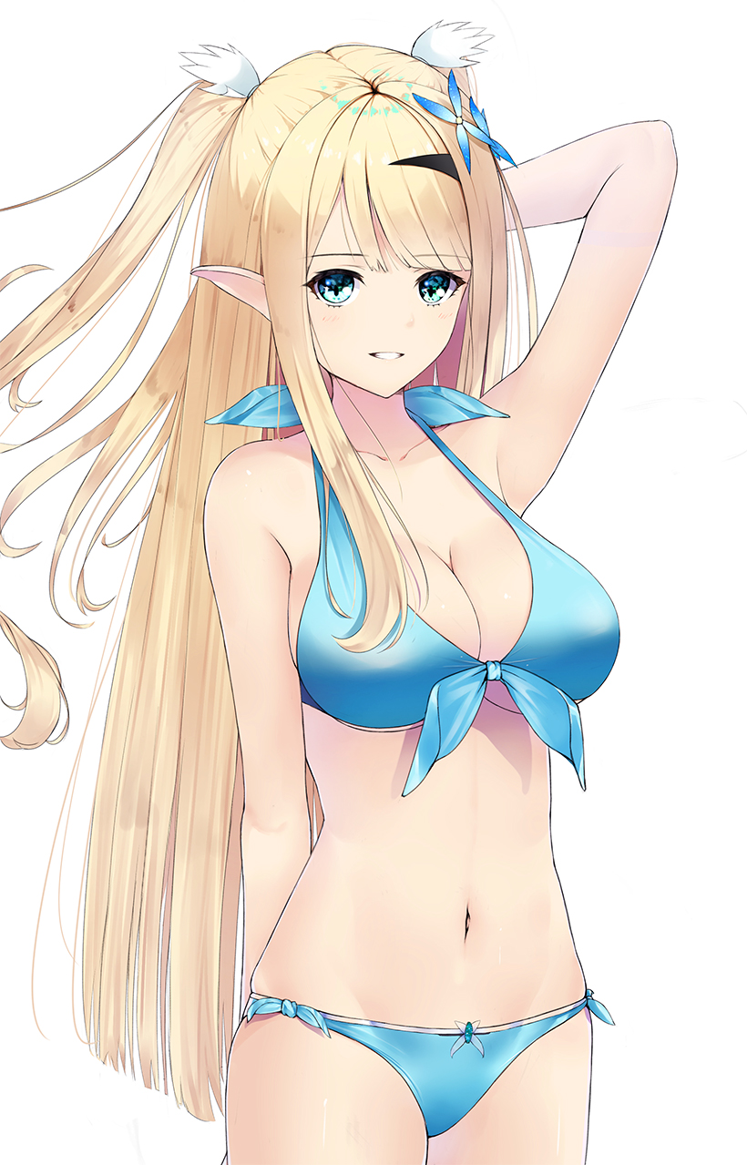 1girl arm_behind_head azur_lane bangs bikini blonde_hair blue_bikini blue_eyes breasts butterfly_hair_ornament centaur_(azur_lane) cowboy_shot elf error eyebrows_visible_through_hair floating_hair front-tie_bikini front-tie_top grin hair_ornament highres large_breasts long_hair looking_at_viewer mari_(doraerin0) navel pointy_ears side-tie_bikini simple_background smile solo swimsuit two_side_up very_long_hair white_background