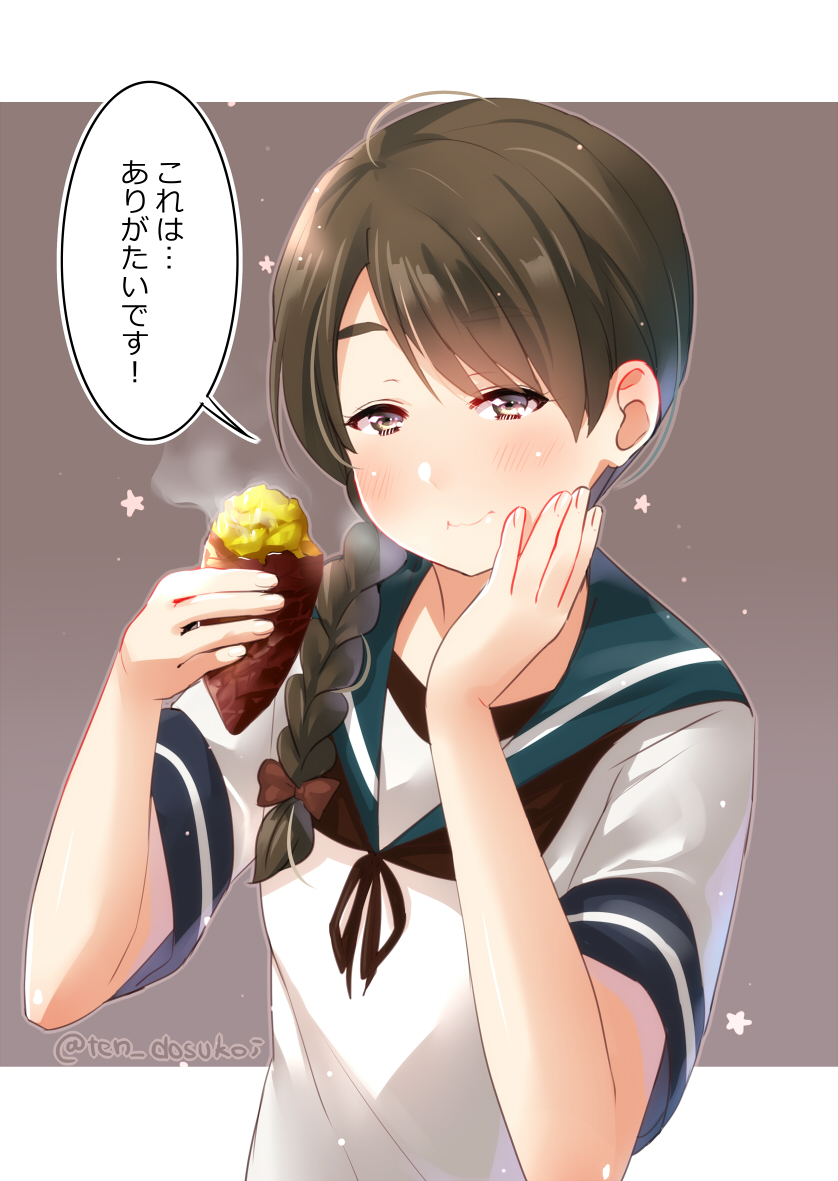 1girl bangs blush breasts brown_eyes brown_hair chewing closed_mouth commentary_request eating eyebrows_visible_through_hair food_request hair_over_shoulder hand_on_own_face holding juurouta kantai_collection long_hair mismatched_sailor_collar neckerchief open_mouth school_uniform serafuku shirt short_sleeves solo speech_bubble steam thick_eyebrows translated twitter_username upper_body uranami_(kantai_collection) white_shirt