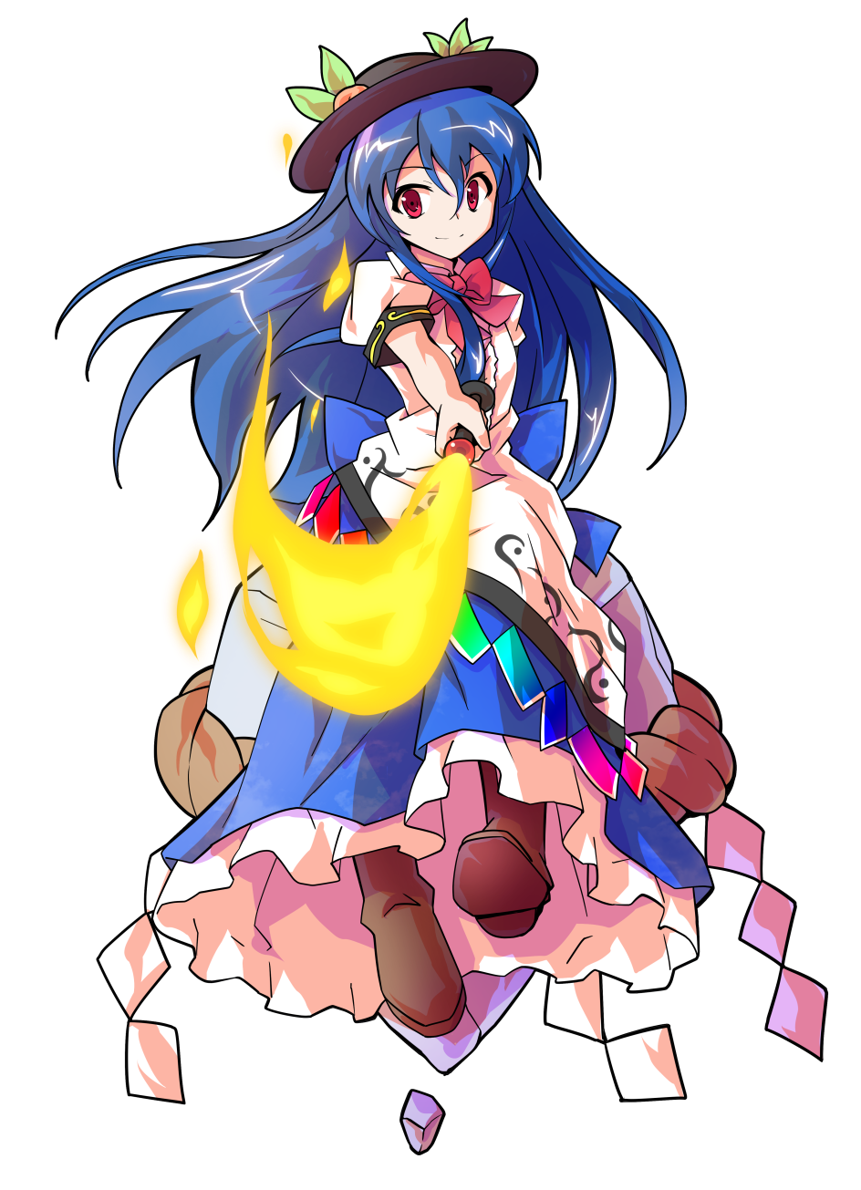 1girl apron black_hat blouse blue_hair blue_skirt boots bow bowtie brown_footwear dairi dress_shirt food frills fruit hat highres hinanawi_tenshi holding holding_weapon keystone leaf long_hair long_skirt looking_at_viewer peach puffy_short_sleeves puffy_sleeves rainbow_order red_eyes shirt short_sleeves sitting sitting_on_rock skirt smile solo sword_of_hisou tachi-e touhou weapon white_blouse