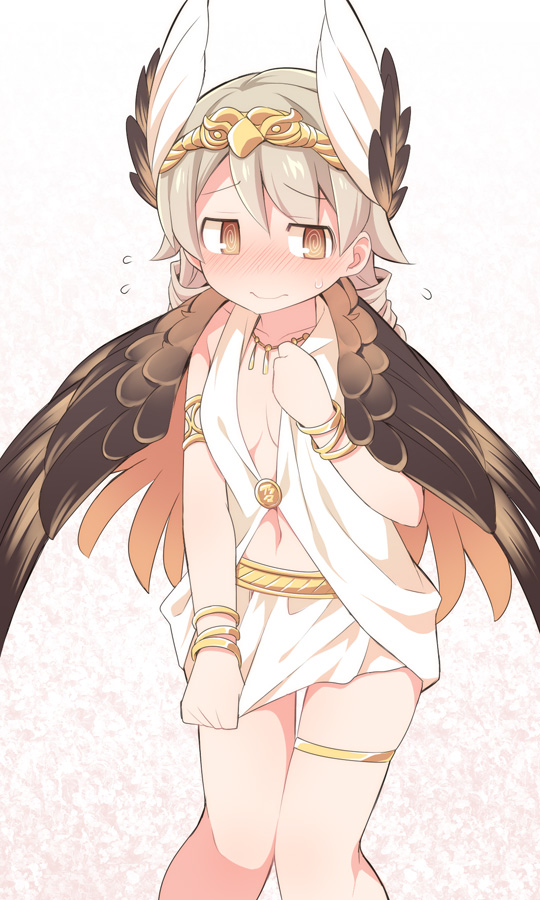 1girl @_@ bangs blush breasts brown_eyes brown_hair brown_wings circe_(fate/grand_order) circe_(fate/grand_order)_(cosplay) closed_mouth collarbone commentary_request cosplay eyebrows_visible_through_hair fate/grand_order fate_(series) feathered_wings flying_sweatdrops hair_between_eyes hand_up head_wings headpiece idolmaster idolmaster_cinderella_girls jewelry long_hair looking_at_viewer morikubo_nono necklace nose_blush skirt skirt_tug small_breasts solo standing sweat ushi white_skirt white_wings wings