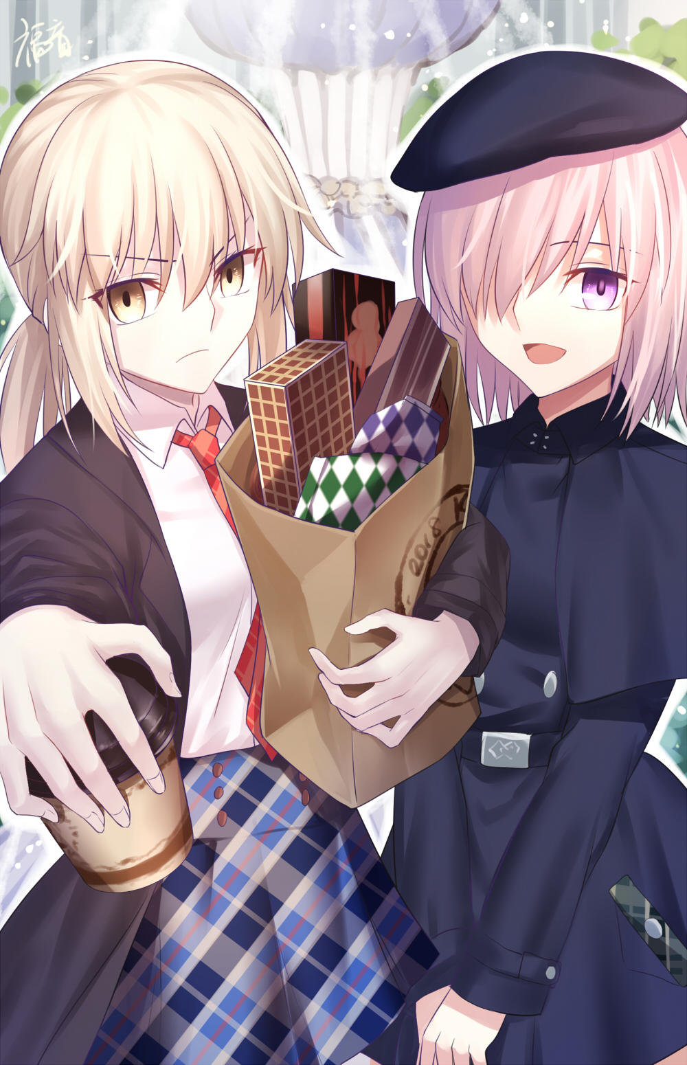 2girls :d artoria_pendragon_(all) bag bangs beret blonde_hair blue_dress blue_hat blue_skirt brown_eyes brown_jacket closed_mouth coffee_cup collared_shirt commentary_request cup disposable_cup dress eyebrows_visible_through_hair fate/grand_order fate/stay_night fate_(series) fingernails gogatsu_fukuin hair_between_eyes hair_over_one_eye hat highres holding holding_cup jacket long_hair long_sleeves looking_at_viewer low_twintails mash_kyrielight multiple_girls necktie object_hug open_clothes open_jacket open_mouth outstretched_arm own_hands_together paper_bag pink_hair plaid plaid_neckwear plaid_skirt pleated_skirt red_neckwear saber_alter shirt shopping_bag skirt smile tilted_headwear twintails v_arms violet_eyes white_shirt