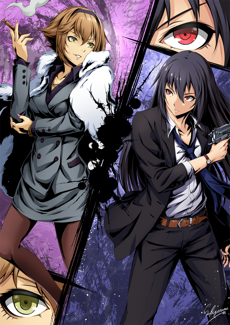 2girls alternate_costume artist_name beretta_92 black_jacket black_pants blue_background blue_neckwear blue_shirt bracelet breasts brown_belt cigar finger_on_trigger green_eyes grey_jacket gun hairband handgun jacket jewelry kantai_collection long_hair long_sleeves looking_at_another loose_necktie medium_breasts multiple_girls multiple_views mutsu_(kantai_collection) nagato_(kantai_collection) necktie office_lady pants pantyhose parted_lips pistol purple_background red_eyes ring sakiyamama shirt short_hair watch watch weapon wedding_ring white_shirt