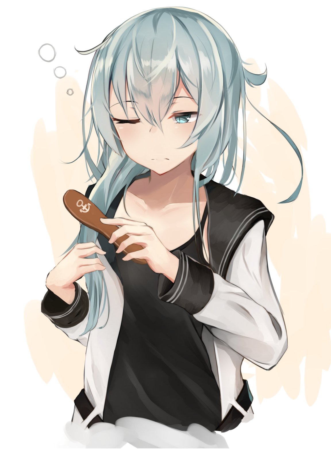 1girl belt black_sailor_collar black_shirt blue_eyes collarbone cropped_torso grey_shirt hair_between_eyes hair_brushing hair_over_shoulder hibiki_(kantai_collection) highres holding_brush ikashun kantai_collection long_hair one_eye_closed open_clothes open_shirt sailor_collar shirt silver_hair sleeveless sleeveless_shirt solo upper_body verniy_(kantai_collection) white_background