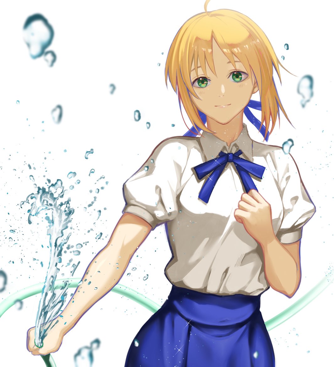 1girl artoria_pendragon_(all) blonde_hair blue_ribbon blue_skirt fate/stay_night fate_(series) fumi_fumi_(7837224) green_eyes hair_ribbon holding hose light_smile looking_at_viewer neck_ribbon ribbon saber shiny shiny_hair shirt short_hair short_sleeves simple_background skirt solo standing white_background white_shirt