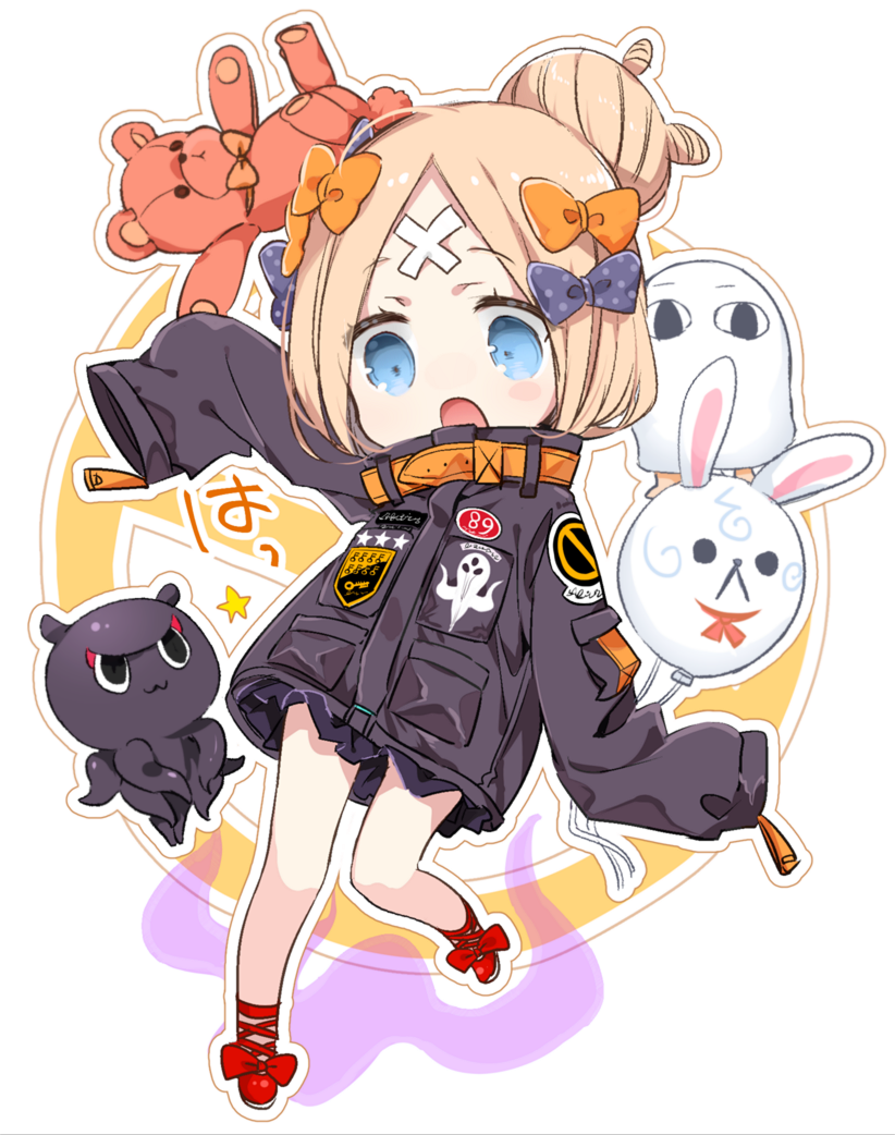 1girl abigail_williams_(fate/grand_order) alternate_hairstyle balloon bandaid_on_forehead bangs belt black_bow black_jacket blonde_hair blue_eyes bow chibi crossed_bandaids fate/grand_order fate_(series) forehead fou_(fate/grand_order) hair_bow hair_bun heroic_spirit_traveling_outfit jacket legs long_hair medjed open_mouth orange_bow parted_bangs polka_dot polka_dot_bow red_footwear sino_(sionori) sleeves_past_fingers sleeves_past_wrists stuffed_animal stuffed_toy teddy_bear thighs tokitarou_(fate/grand_order) white_background