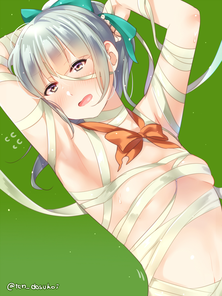 1girl armpits arms_up bangs blush bow bowtie breasts breasts_apart character_request commentary_request eye_color_request eyebrows_visible_through_hair flying_sweatdrops green_background grey_hair halloween juurouta kantai_collection long_hair looking_at_viewer loose_bowtie open_mouth orange_neckwear sketch_eyebrows skindentation small_breasts solo twitter_username tying_hair upper_body yuubari_(kantai_collection)