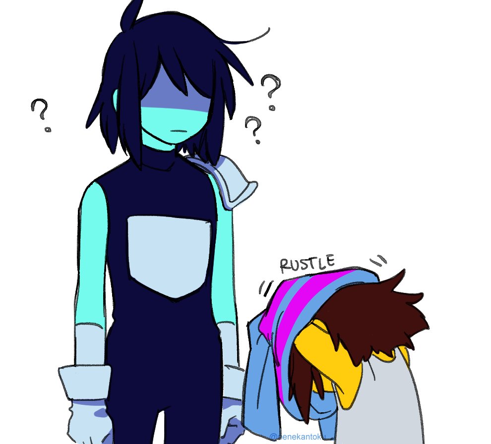 2others ? blue_hair brown_hair deltarune english frisk_(undertale) hair_over_eyes height_difference kris_(deltarune) long_sleeves messy_hair multiple_others nenekantoku shaded_face shirt short_hair simple_background striped striped_shirt turtleneck twitter_username undershirt undertale undressing white_background