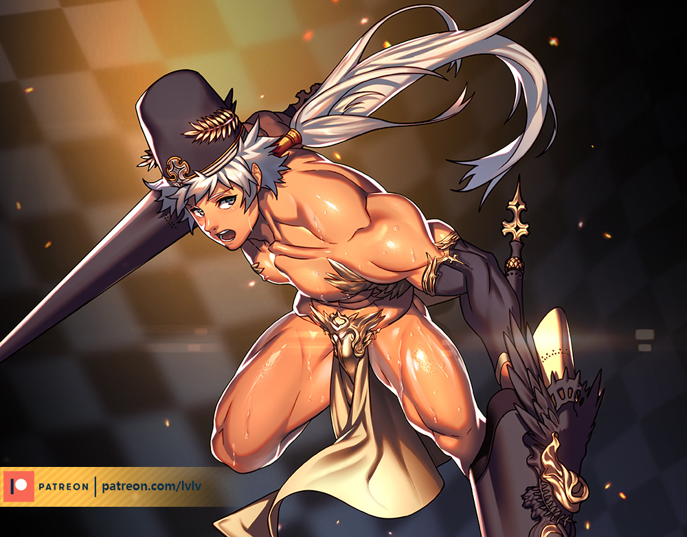 1boy bare_chest black_gloves capelet checkered checkered_background destiny_child dual_wielding elbow_gloves genderswap genderswap_(ftm) gloves hat holding long_hair lvlv ma'at_(destiny_child) male_focus patreon_logo pelvic_curtain ponytail revealing_clothes silver_hair solo tan thighs