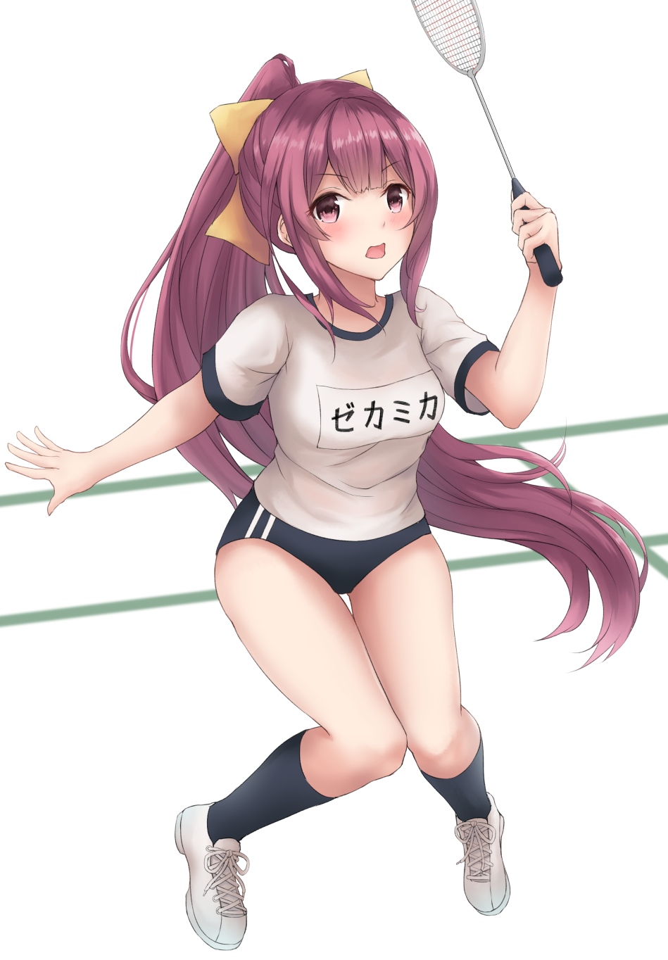 1girl alternate_costume alternate_hairstyle badminton badminton_racket black_legwear blue_buruma blush bow breasts buruma eyebrows_visible_through_hair gradient_hair gym_shirt gym_uniform hair_bow highres k_jie kamikaze_(kantai_collection) kantai_collection kneehighs long_hair looking_at_viewer medium_breasts multicolored_hair name_tag open_mouth ponytail racket ribbon shirt shoes short_sleeves sneakers solo very_long_hair violet_eyes white_background white_shirt yellow_bow yellow_ribbon