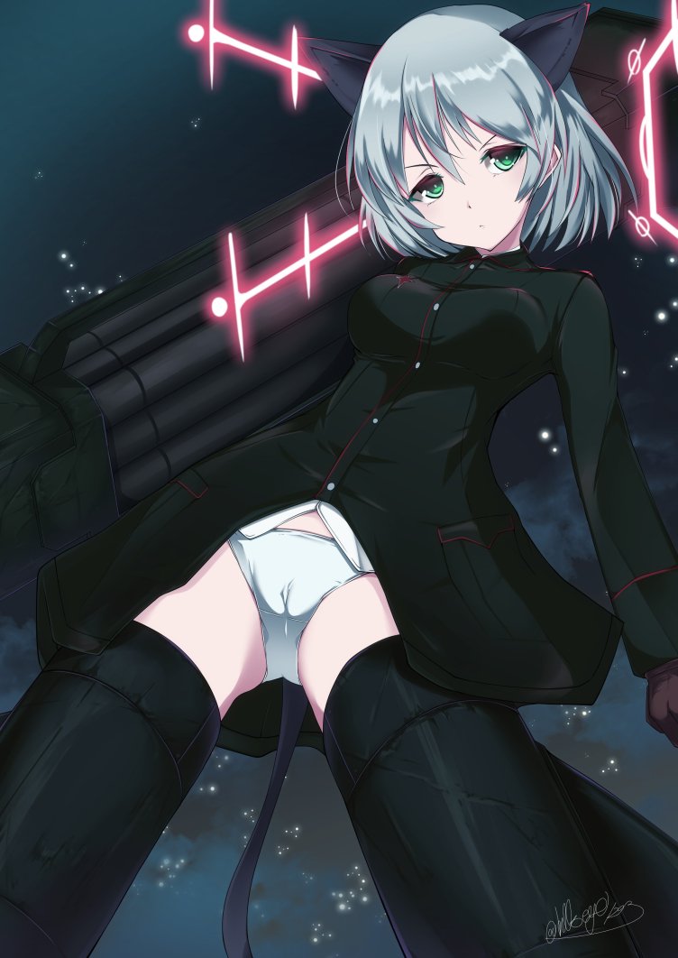 1girl angry animal_ears bangs black_jacket bullseye1203 cat_ears closed_mouth commentary crotch_seam flying frown green_eyes head_tilt hirschgeweih_antennas holding holding_weapon jacket long_sleeves looking_at_viewer military military_uniform night night_sky no_legwear panties rocket_launcher sanya_v_litvyak serious shirt short_hair silver_hair sky solo star_(sky) starry_sky strike_witches striker_unit twitter_username underwear uniform v-shaped_eyebrows weapon white_panties white_shirt world_witches_series