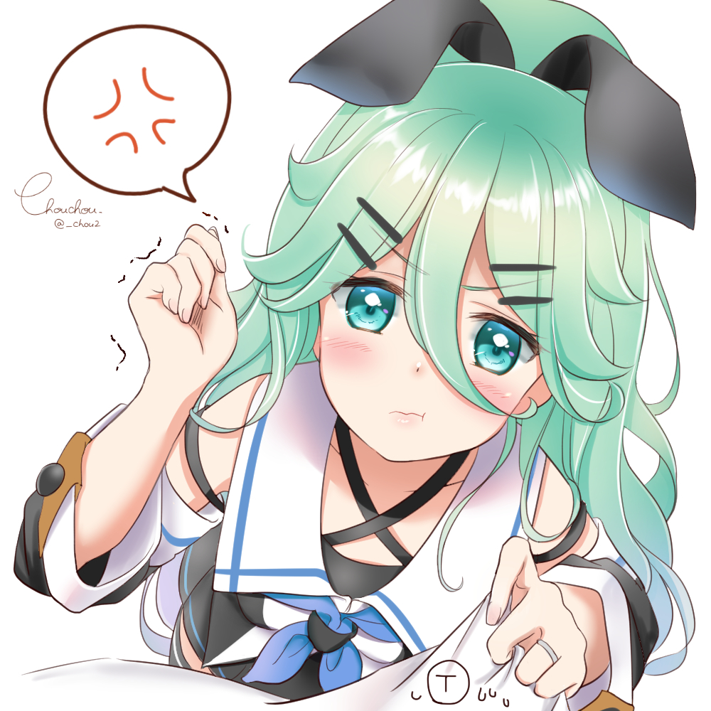 1girl anger_vein aqua_eyes aqua_hair artist_name black_legwear black_skirt blue_neckwear blush breasts chou2 clothes_grab collarbone commentary_request eyebrows_visible_through_hair from_above hair_between_eyes hair_ornament hairclip jewelry kantai_collection long_hair looking_at_viewer looking_up medium_breasts neckerchief open_mouth pleated_skirt pout pov ring school_uniform serafuku simple_background skirt solo spoken_anger_vein tears thigh-highs trembling twitter_username wavy_mouth wedding_band white_background yamakaze_(kantai_collection) zettai_ryouiki