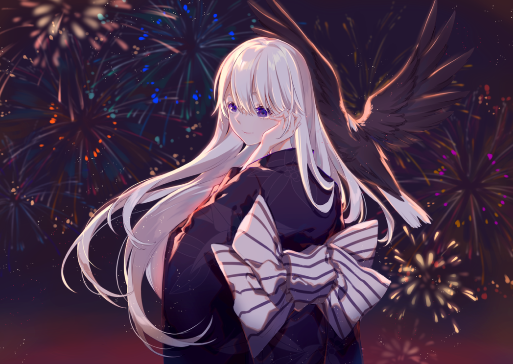 1girl azur_lane bald_eagle bird eagle enterprise_(azur_lane) fireworks from_behind hair_between_eyes hand_in_hair japanese_clothes kimono long_hair miyuki_(miyuki0529) night night_sky obi sash sky very_long_hair violet_eyes white_hair yukata