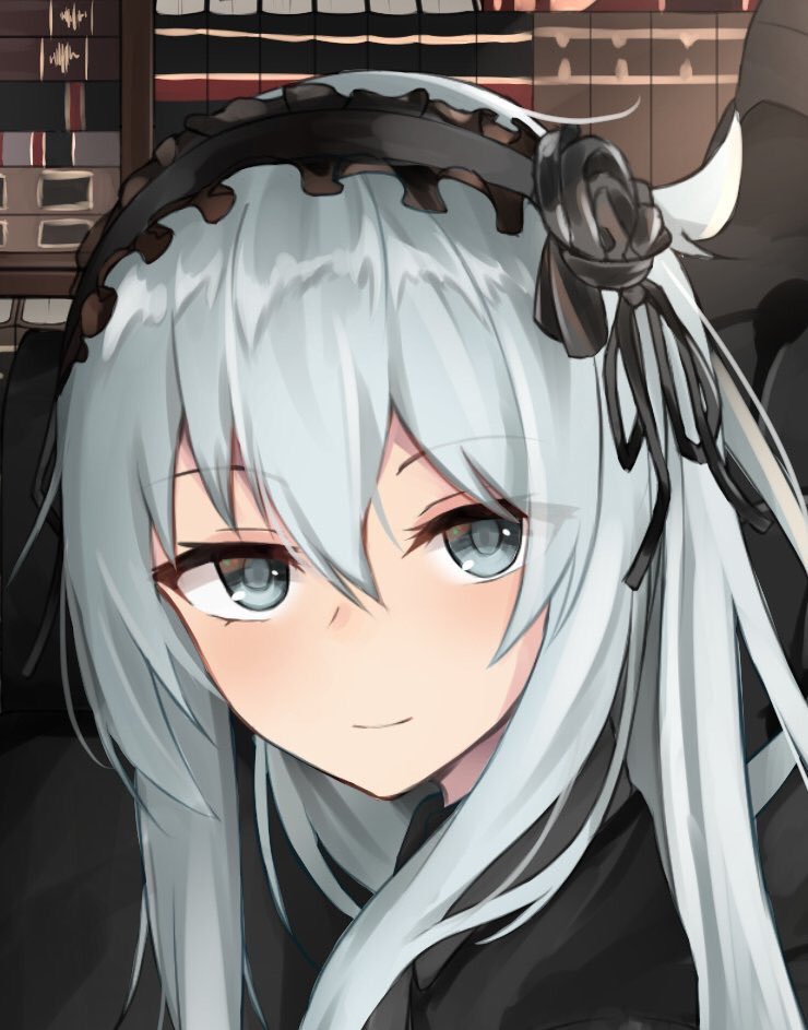 1girl black_hairband black_ribbon eyebrows_visible_through_hair from_side gothic_lolita grey_eyes hair_between_eyes hair_ribbon hairband hibiki_(kantai_collection) ikashun kantai_collection lolita_fashion lolita_hairband long_hair looking_at_viewer portrait ribbon silver_hair smile solo