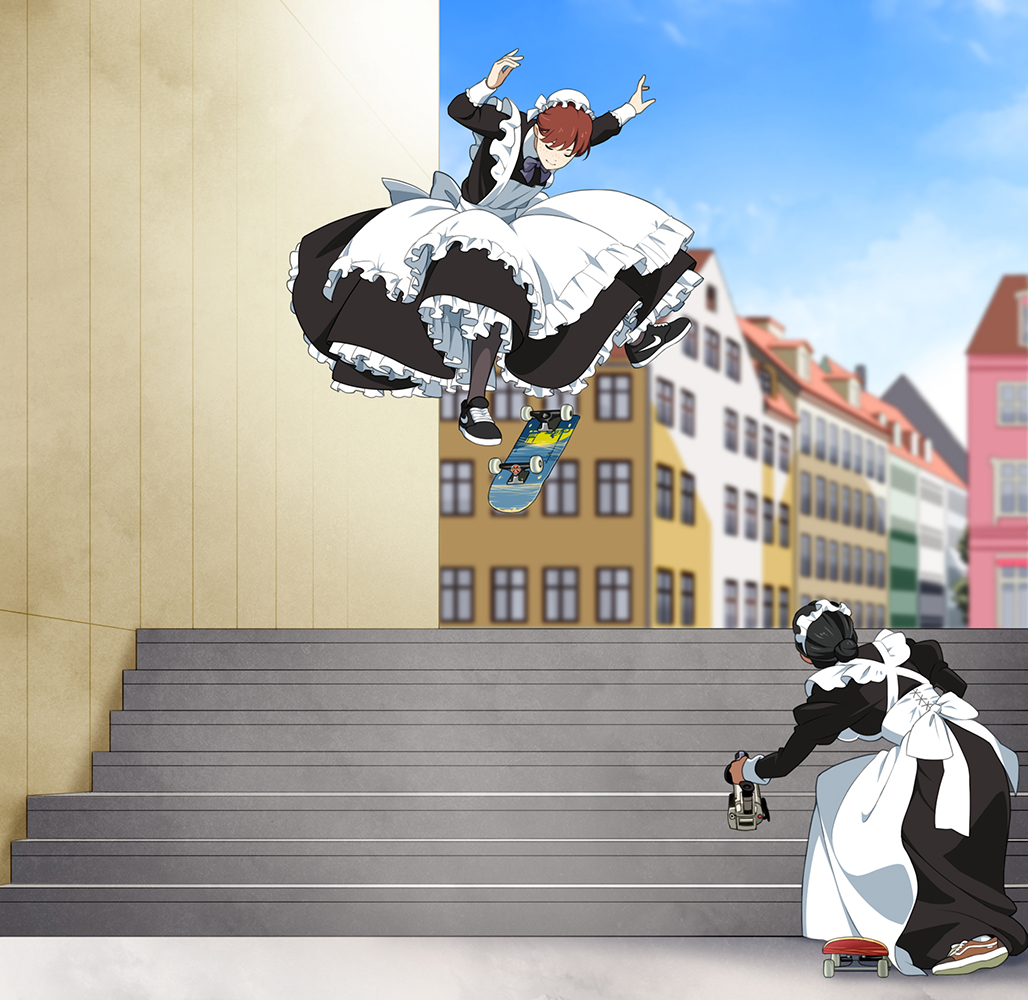 2girls apron black_hair brown_hair closed_eyes commentary filming hair_bun maid maid_apron maid_cap maid_headdress multiple_girls original outdoors shoes skateboard skateboarding sky sneakers stairs suzushiro_(suzushiro333)