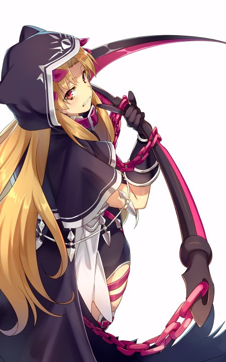 1girl black_cape black_capelet black_gloves blonde_hair bow cape capelet cis05 cosplay ereshkigal_(fate/grand_order) fate/grand_order fate_(series) from_above gloves grin hair_bow holding holding_scythe hooded long_hair looking_at_viewer medusa_(lancer)_(fate) medusa_(lancer)_(fate)_(cosplay) red_bow red_eyes rider scythe simple_background smile solo standing thigh_strap very_long_hair white_background