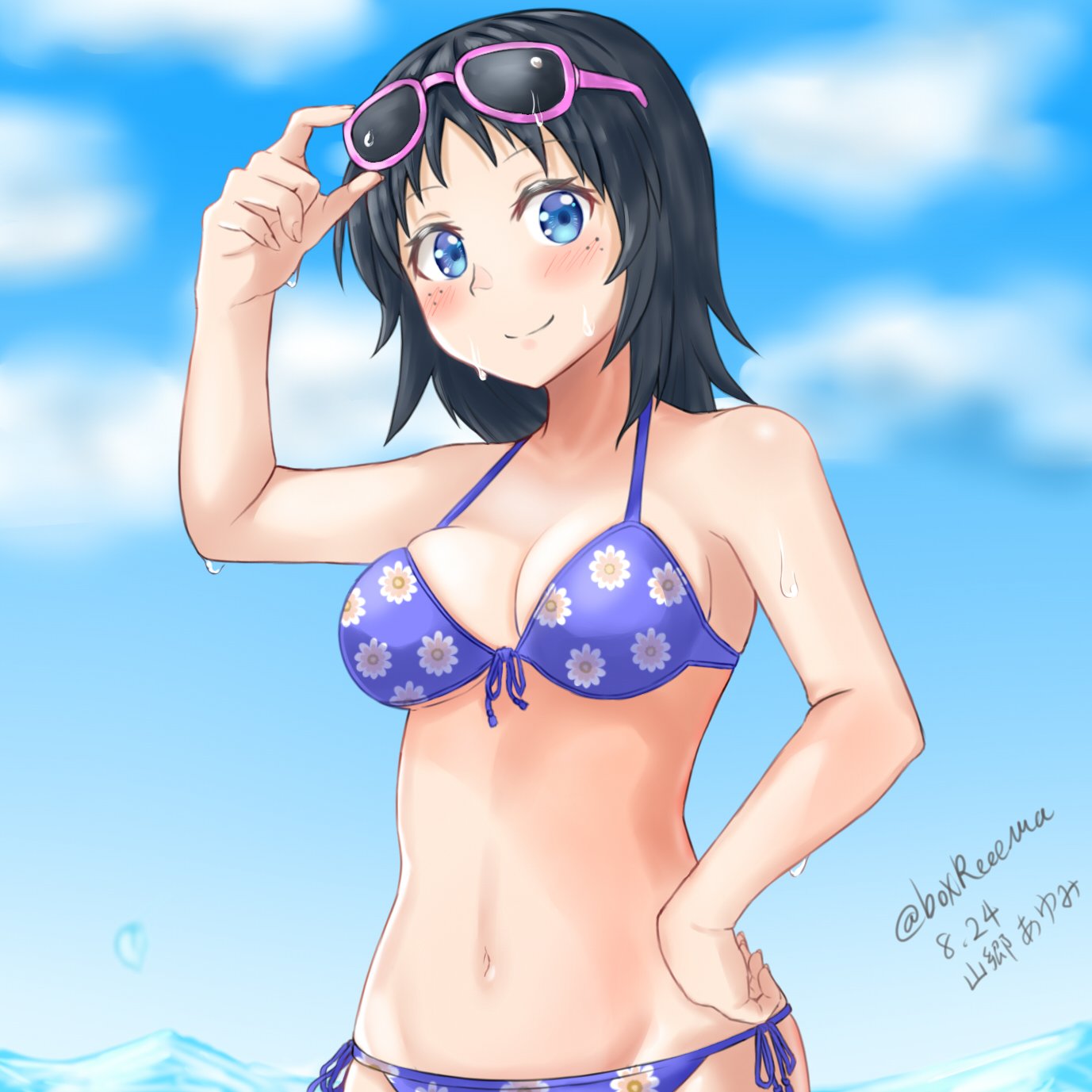 1girl adjusting_eyewear bad_id bad_twitter_id bangs bikini blue_eyes blue_hair blue_sky blush boxreeema breasts closed_mouth clouds cloudy_sky commentary day floral_print freckles front-tie_bikini front-tie_top girls_und_panzer hand_on_hip head_tilt highres long_hair medium_breasts navel ocean outdoors print_bikini purple-framed_eyewear purple_bikini side-tie_bikini sky smile solo sunglasses swimsuit twitter_username wading wet yamagou_ayumi