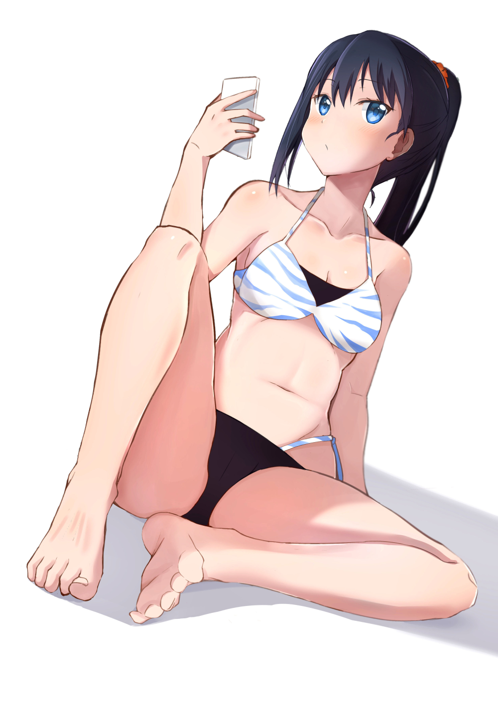 1girl ayumu_(ayumu3659) barefoot bikini black_bikini_bottom black_hair blue_eyes breasts collarbone dutch_angle full_body hair_ornament hair_scrunchie highres long_hair looking_at_viewer medium_breasts mismatched_bikini navel orange_scrunchie ponytail scrunchie side-tie_bikini simple_background sitting solo ssss.gridman swimsuit takarada_rikka white_background