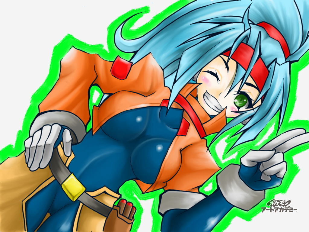 1girl ashe_(rockman) blue_hair blush bodysuit breasts cowboy_shot cropped_jacket dojyo5963 dutch_angle gloves green_eyes hair_between_eyes hand_on_hip headband high_ponytail long_hair looking_at_viewer medium_breasts one_eye_closed ponytail rockman rockman_zx rockman_zx_advent salute signature simple_background smile solo teeth two-finger_salute