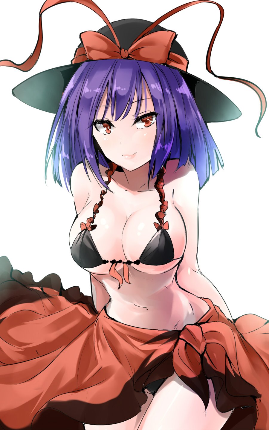 1girl arms_behind_back bangs bare_arms bare_shoulders bikini black_bikini black_hat bow breasts collarbone commentary_request cowboy_shot eyebrows_visible_through_hair hat hat_bow highres large_breasts leaning_forward lips looking_at_viewer nagae_iku navel purple_hair red_bow red_eyes sarong shiny shiny_skin short_hair simple_background smile solo standing stomach swimsuit thighs touhou white_background y2