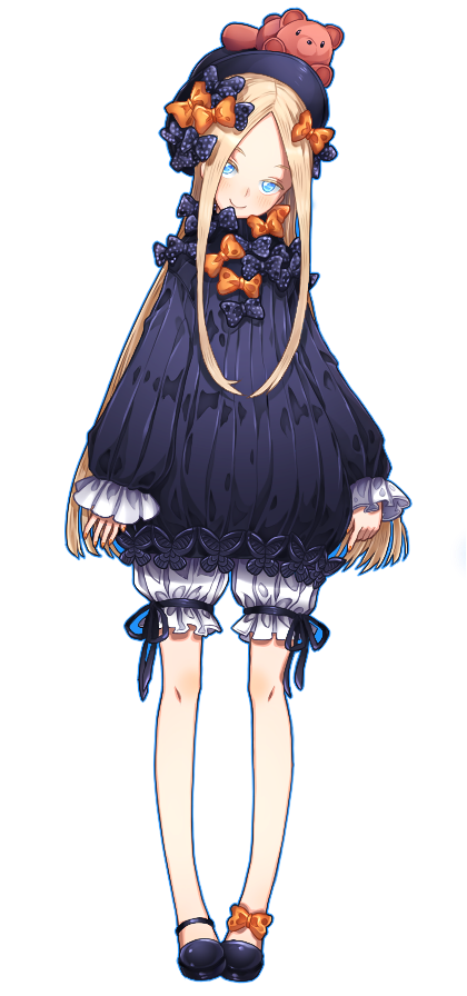 1girl abigail_williams_(fate/grand_order) arms_at_sides bangs black_bow black_dress black_footwear black_hat blonde_hair bloomers blue_eyes blue_outline blush bow bug butterfly closed_mouth dress fate/grand_order fate_(series) forehead full_body hair_bow hat head_tilt insect long_hair long_sleeves on_head orange_bow parted_bangs polka_dot polka_dot_bow shoes simple_background sleeves_past_wrists smile solo standing stuffed_animal stuffed_toy teddy_bear toffy_(15277493) underwear very_long_hair white_background white_bloomers