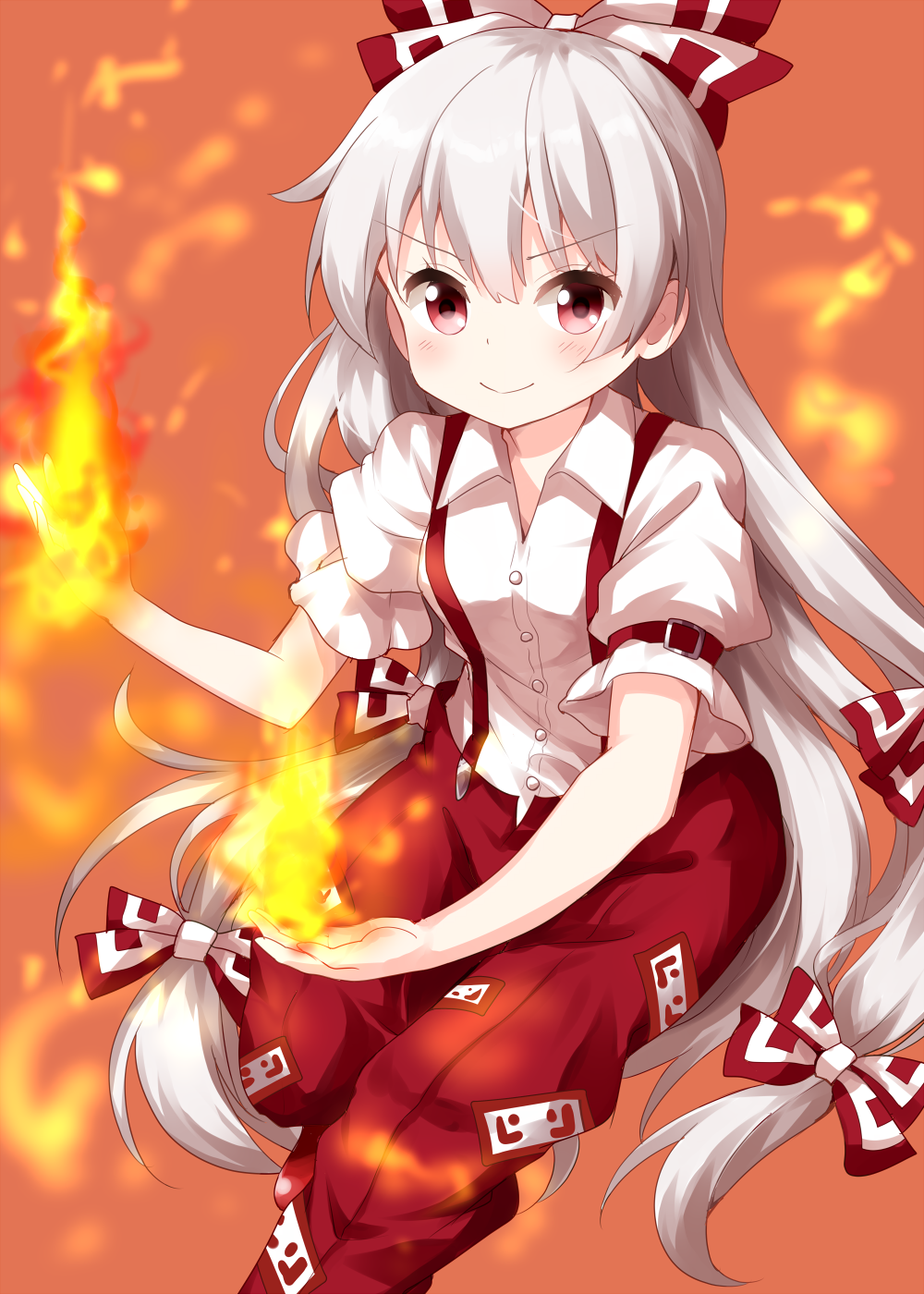 &gt;:) 1girl bangs blush bow breasts commentary_request eyebrows_visible_through_hair feet_out_of_frame fire fujiwara_no_mokou hair_between_eyes hair_bow highres long_hair looking_at_viewer ofuda orange_background pants puffy_short_sleeves puffy_sleeves red_eyes red_pants ruu_(tksymkw) shirt short_sleeves silver_hair simple_background small_breasts smile solo suspenders touhou v-shaped_eyebrows very_long_hair white_bow white_shirt