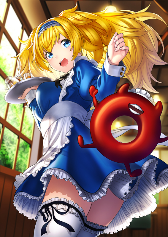 1girl adapted_costume alternate_costume apron black_neckwear blonde_hair blue_dress blue_eyes breasts coffee collared_shirt dress enemy_lifebuoy_(kantai_collection) enmaided eyebrows_visible_through_hair fangs gambier_bay_(kantai_collection) garter_straps glass hair_between_eyes hairband holding indoors kantai_collection kyon_(fuuran) large_breasts lifebuoy light long_hair long_sleeves maid maid_apron maid_headdress neckerchief open_mouth puffy_long_sleeves puffy_sleeves shinkaisei-kan shirt sliding_doors smile thigh-highs tray tree twintails waist_apron waitress white_apron white_legwear white_shirt