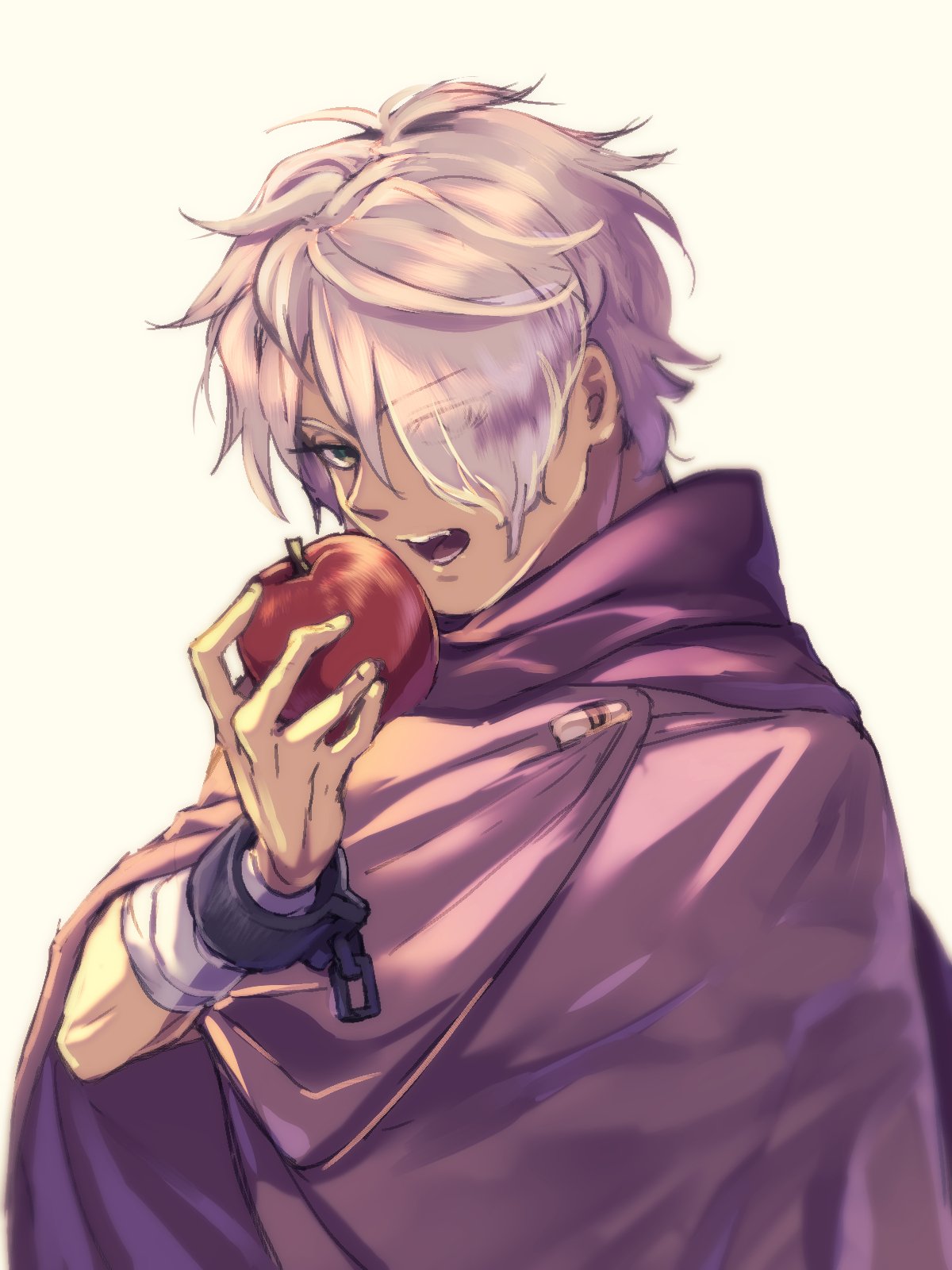 1boy apple food fruit gloves green_eyes hair_over_one_eye highres male_focus octopath_traveler open_mouth scarf short_hair simple_background smile solo st_beans_lal therion_(octopath_traveler)