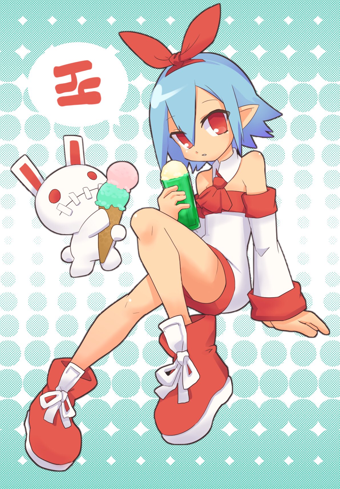 1girl arm_support blue_hair detached_sleeves disgaea flat_chest food full_body hair_between_eyes hair_ribbon hairband highres holding ice_cream ice_cream_cone omeehayo pleinair pointy_ears red_eyes red_footwear ribbon shoes short_hair sidelocks solo stuffed_animal stuffed_bunny stuffed_toy usagi-san white_legwear