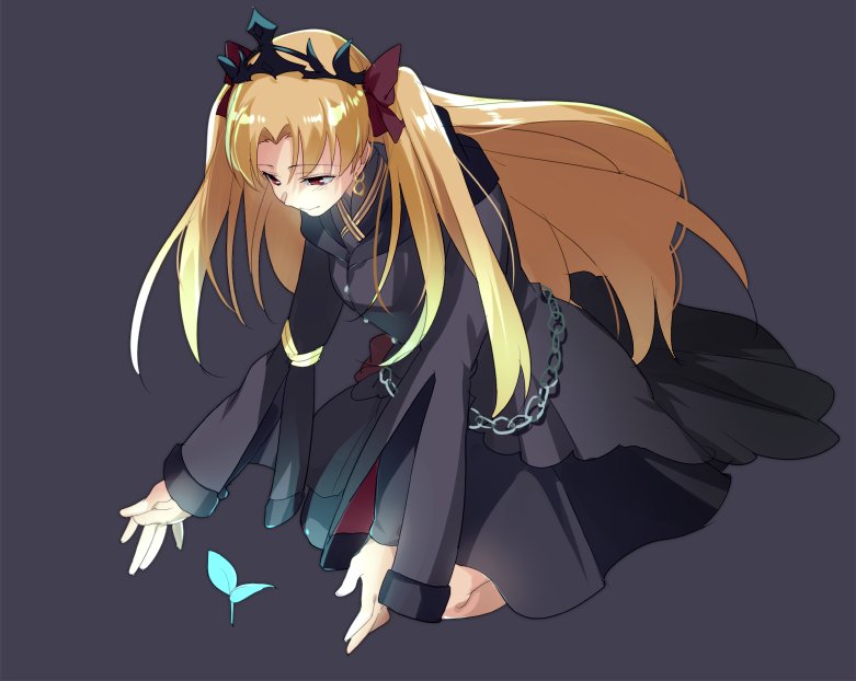 1girl black_coat blonde_hair bow chains cis05 diadem ereshkigal_(fate/grand_order) eyebrows_visible_through_hair fate/grand_order fate_(series) floating_hair full_body grey_background hair_bow kneeling long_hair looking_down outstretched_arms red_bow red_eyes shiny shiny_hair simple_background smile solo very_long_hair