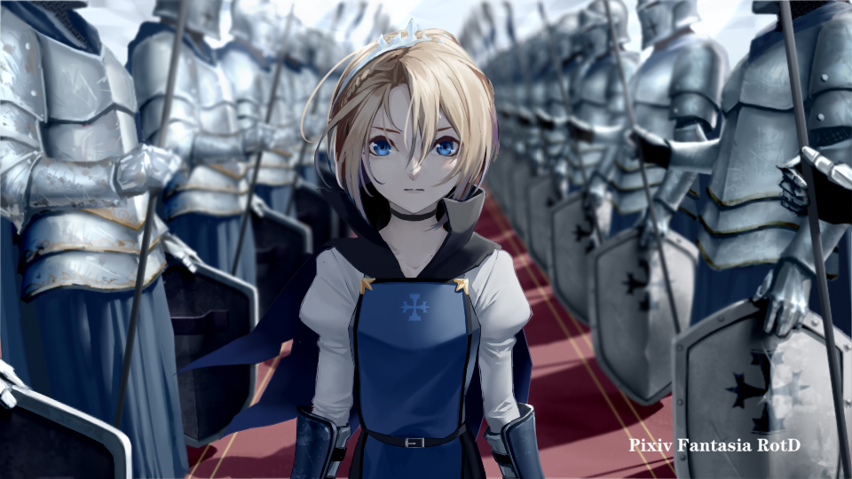 1girl 6+girls armor bangs black_choker blonde_hair blue_eyes blue_skirt blurry breastplate cape choker commentary_request copyright_name cross_print day depth_of_field dress hair_between_eyes holding holding_spear holding_weapon looking_at_viewer multiple_girls pixiv_fantasia pixiv_fantasia_revenge_of_the_darkness polearm red_carpet shield short_hair skirt solo solo_focus spear standing sunlight tacshojosora tiara water weapon white_dress