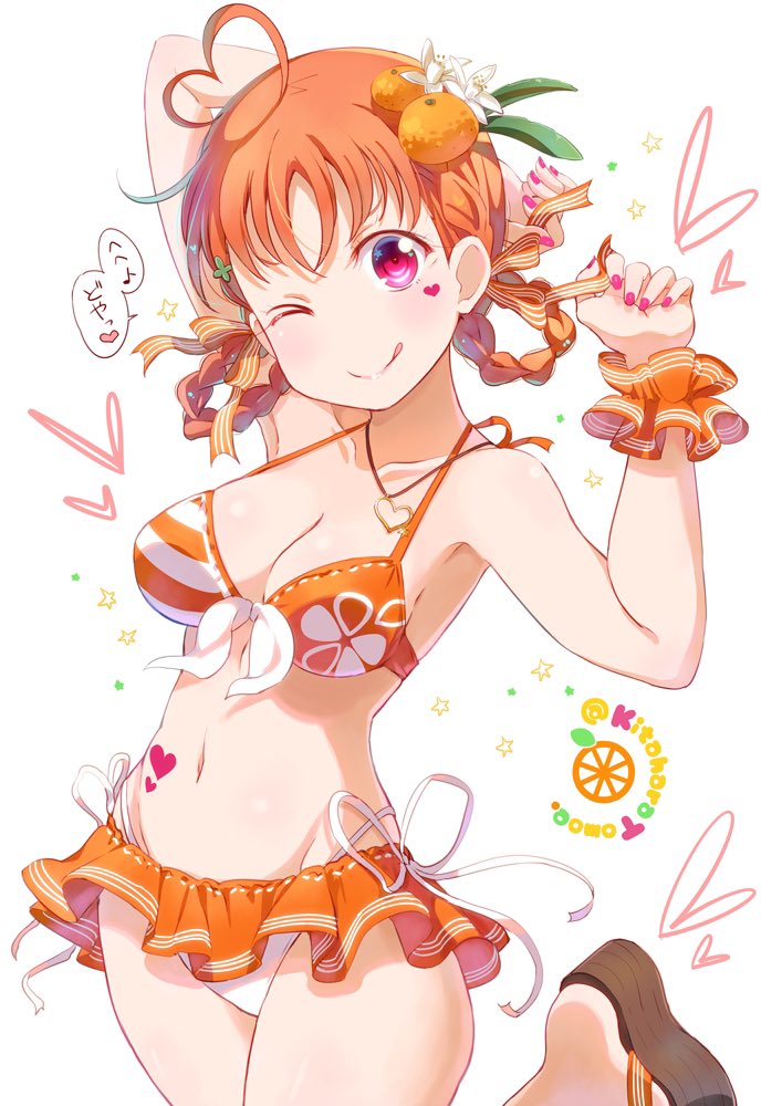 &gt;_o 1girl :q ahoge arm_up bikini bikini_skirt bodypaint braid breasts cleavage collarbone cowboy_shot facepaint fingernails flower food food_themed_hair_ornament fruit groin hair_flower hair_ornament hair_ribbon heart heart_ahoge jewelry kitahara_tomoe_(kitahara_koubou) leg_up love_live! love_live!_sunshine!! mandarin_orange nail_polish navel necklace one_eye_closed orange_bikini orange_hair orange_hair_ornament platform_footwear red_eyes ribbon sandals scrunchie side-tie_bikini solo star striped striped_bikini swimsuit takami_chika tongue tongue_out twin_braids twitter_username white_bikini wrist_scrunchie