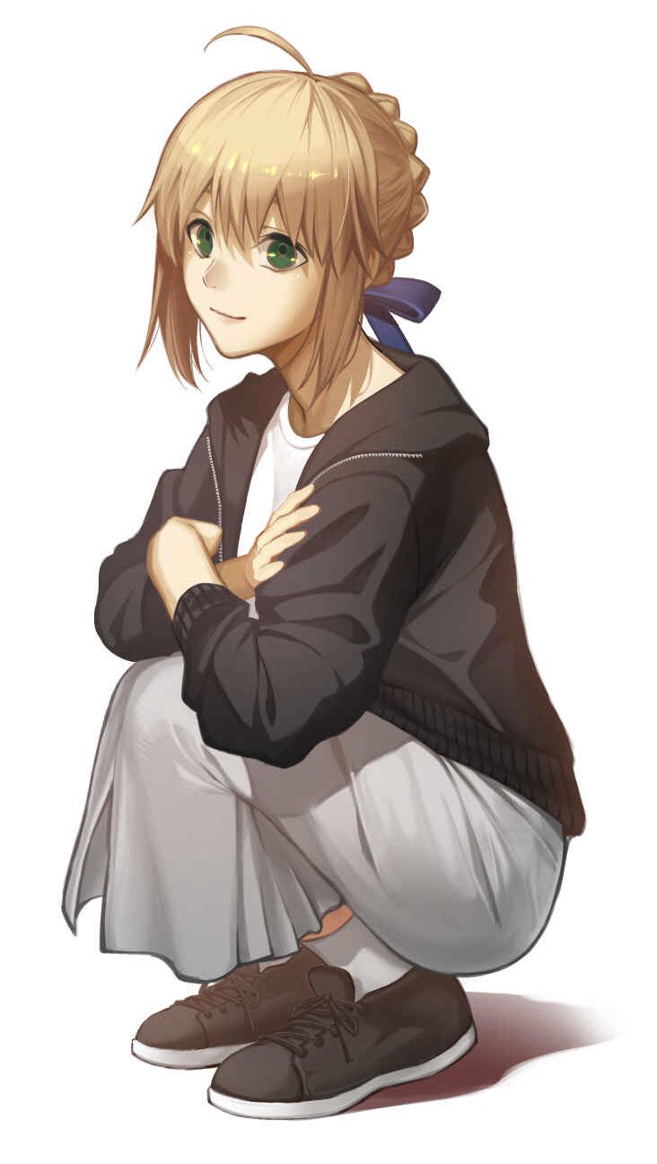 1girl ahoge artoria_pendragon_(all) black_footwear black_sweater blonde_hair braided_bun cardigan crossed_arms fate/stay_night fate_(series) full_body fumi_fumi_(7837224) green_eyes grey_skirt highres long_skirt open_cardigan open_clothes saber shiny shiny_hair shirt short_hair sidelocks simple_background skirt smile socks solo squatting sweater tied_hair unzipped white_background white_legwear white_shirt