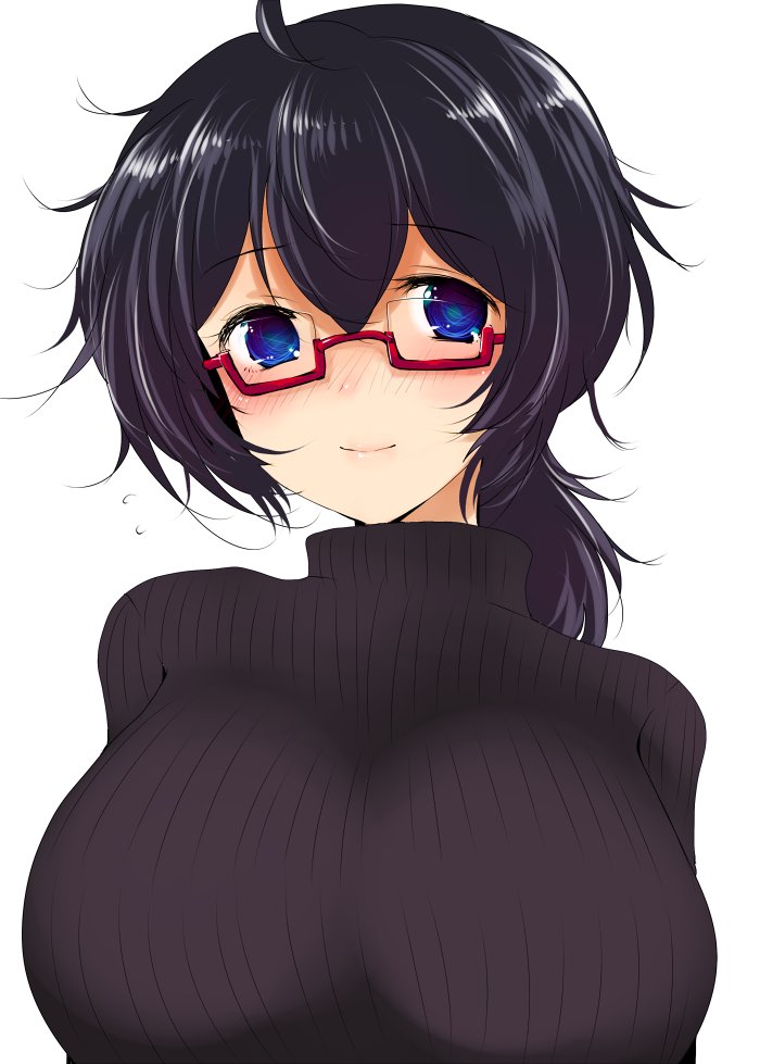 1girl black_eyes black_hair black_sweater blush breasts casual closed_mouth commentary_request eyebrows_visible_through_hair flying_sweatdrops girls_und_panzer glasses han_(jackpot) large_breasts looking_at_viewer messy_hair oryou_(girls_und_panzer) red-framed_eyewear ribbed_sweater semi-rimless_eyewear short_hair short_ponytail simple_background smile solo sweater turtleneck turtleneck_sweater under-rim_eyewear upper_body white_background