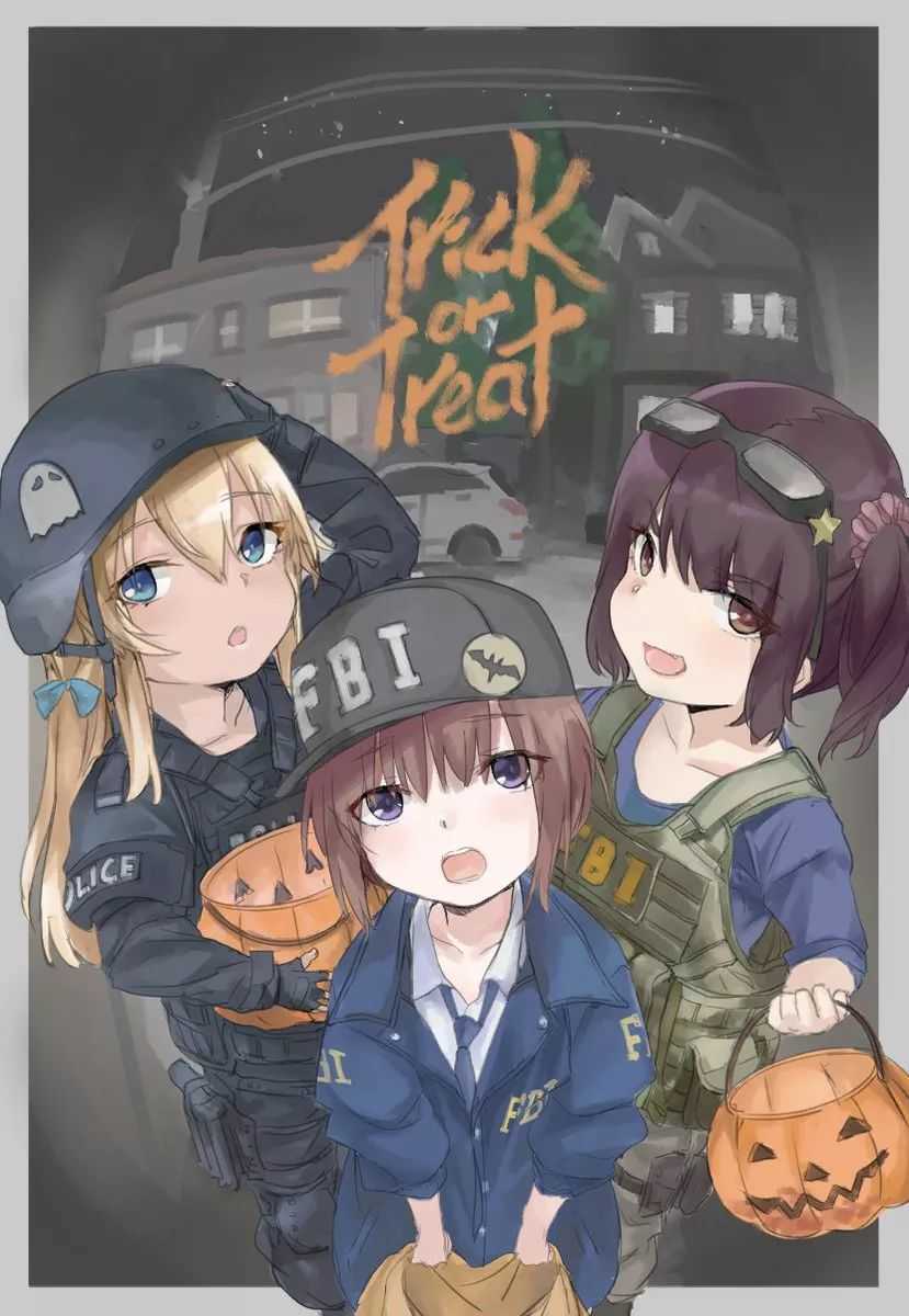 3girls artist_request baseball_cap car eyewear_on_head fbi fingerless_gloves glasses gloves ground_vehicle gun halloween handgun hat helmet highres holstered_weapon jack-o'-lantern jacket motor_vehicle multiple_girls necktie original police police_uniform pumpkin swat tactical_clothes uniform weapon